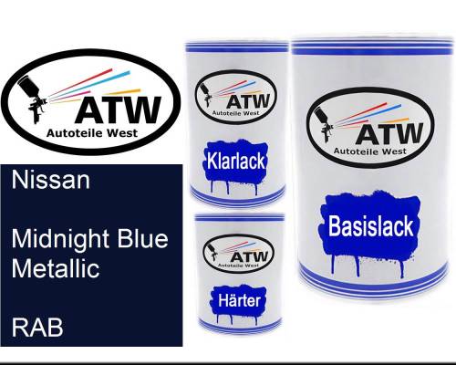 Nissan, Midnight Blue Metallic, RAB: 500ml Lackdose + 500ml Klarlack + 250ml Härter - Set, von ATW Autoteile West.